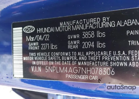 2022 Hyundai Elantra Sel z USA, uszkodzony, nr VIN 5NPLM4AG7NH078306